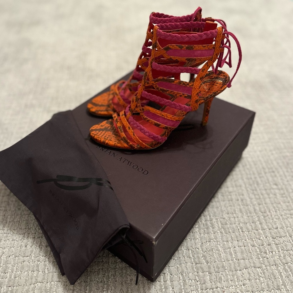 B Brian Atwood- Elisa Python Tie-Back Sandal, Ora… - image 4